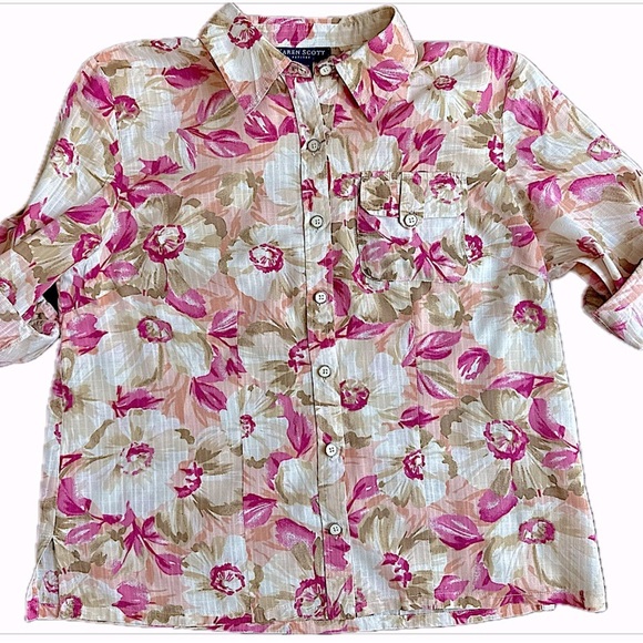 Karen Scott Pink Floral Button Down Shirt with Notched Collar(829) - Picture 11 of 14